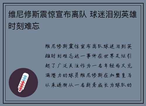 维尼修斯震惊宣布离队 球迷泪别英雄时刻难忘