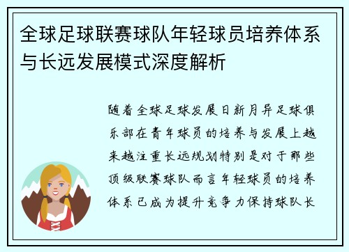 全球足球联赛球队年轻球员培养体系与长远发展模式深度解析