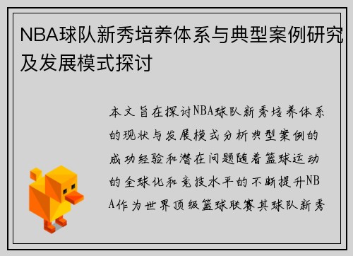 NBA球队新秀培养体系与典型案例研究及发展模式探讨
