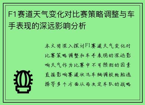 F1赛道天气变化对比赛策略调整与车手表现的深远影响分析